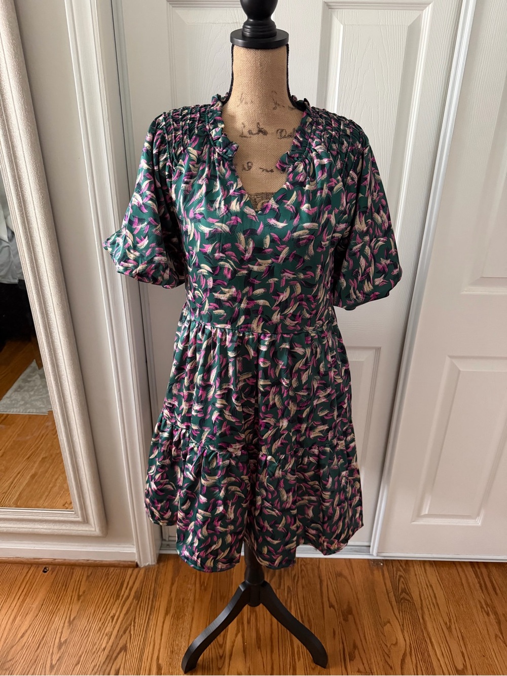 Green Floral Smocked-Neck Tiered Mini Dress